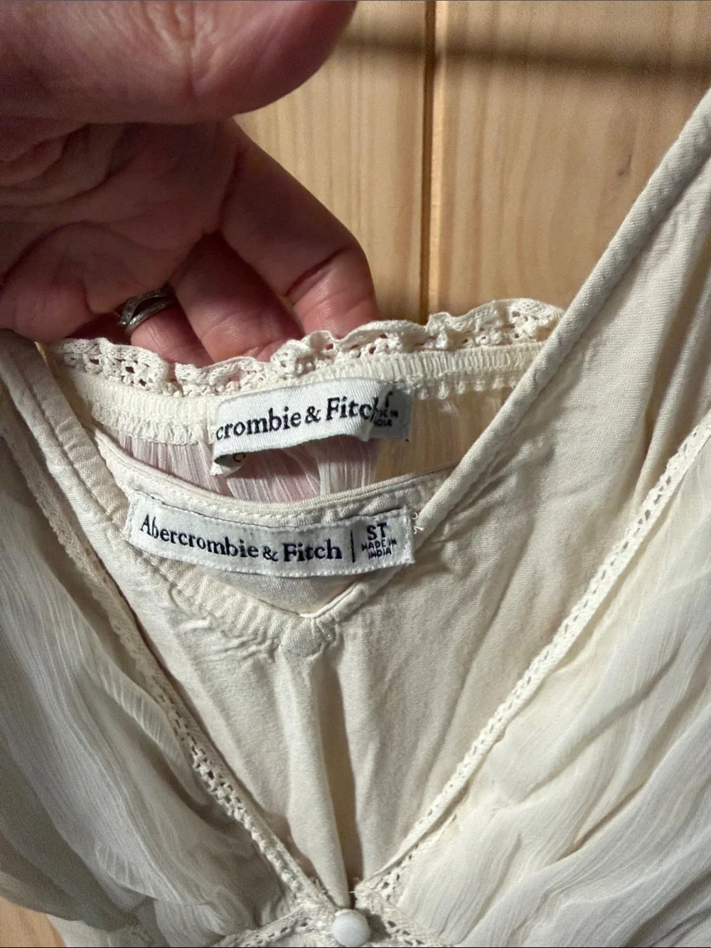 Abercrombie and fitch white boho midi dress with lace trim and button-up front